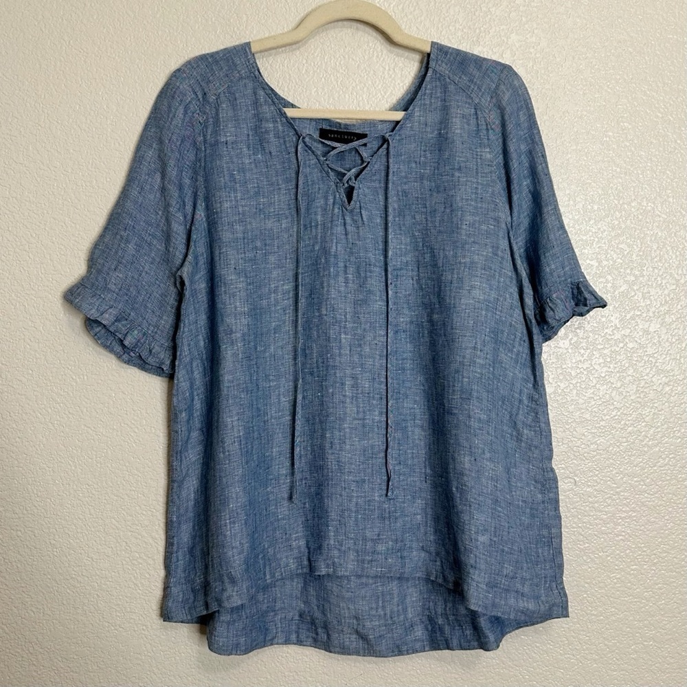 Sanctuary 100% Linen Chambray Lace Up Ruffled Sleeves Top, Sz Large